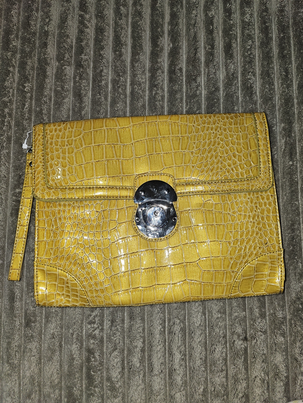 Yellow Croc-Embossed Leather Clutch with Silver Tone Lock - P1